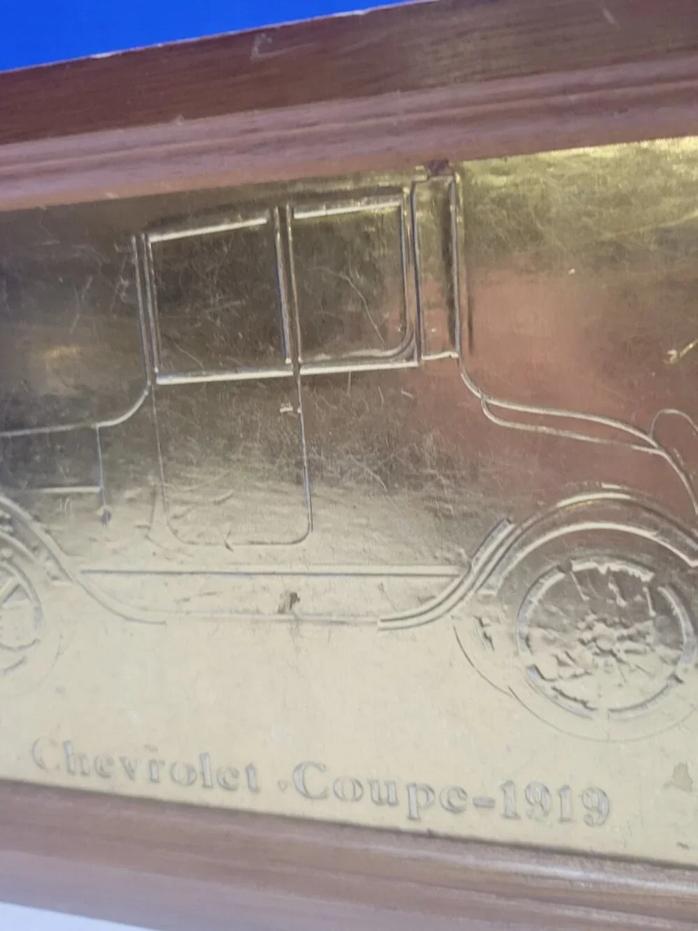 Vintage Wood Jewelry Box with Gold Embossed 1919 Chevrolet Coupe Lid
